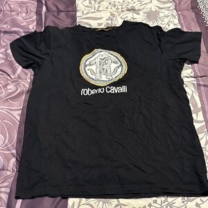 Roberto Cavalli Black Short-Sleeve Tee with Gold Trim Logo